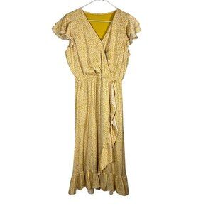 Butter Yellow Floral Wrap Dress M Midi Ruffle Boho Euro Summer Preppy Boho Artsy
